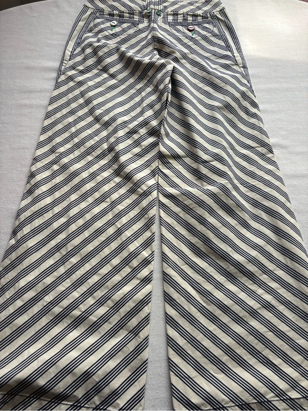 NWT Anthropologie Striped Wide Leg Full Length Pants Beige Navy Size 4 - Picture 5 of 10